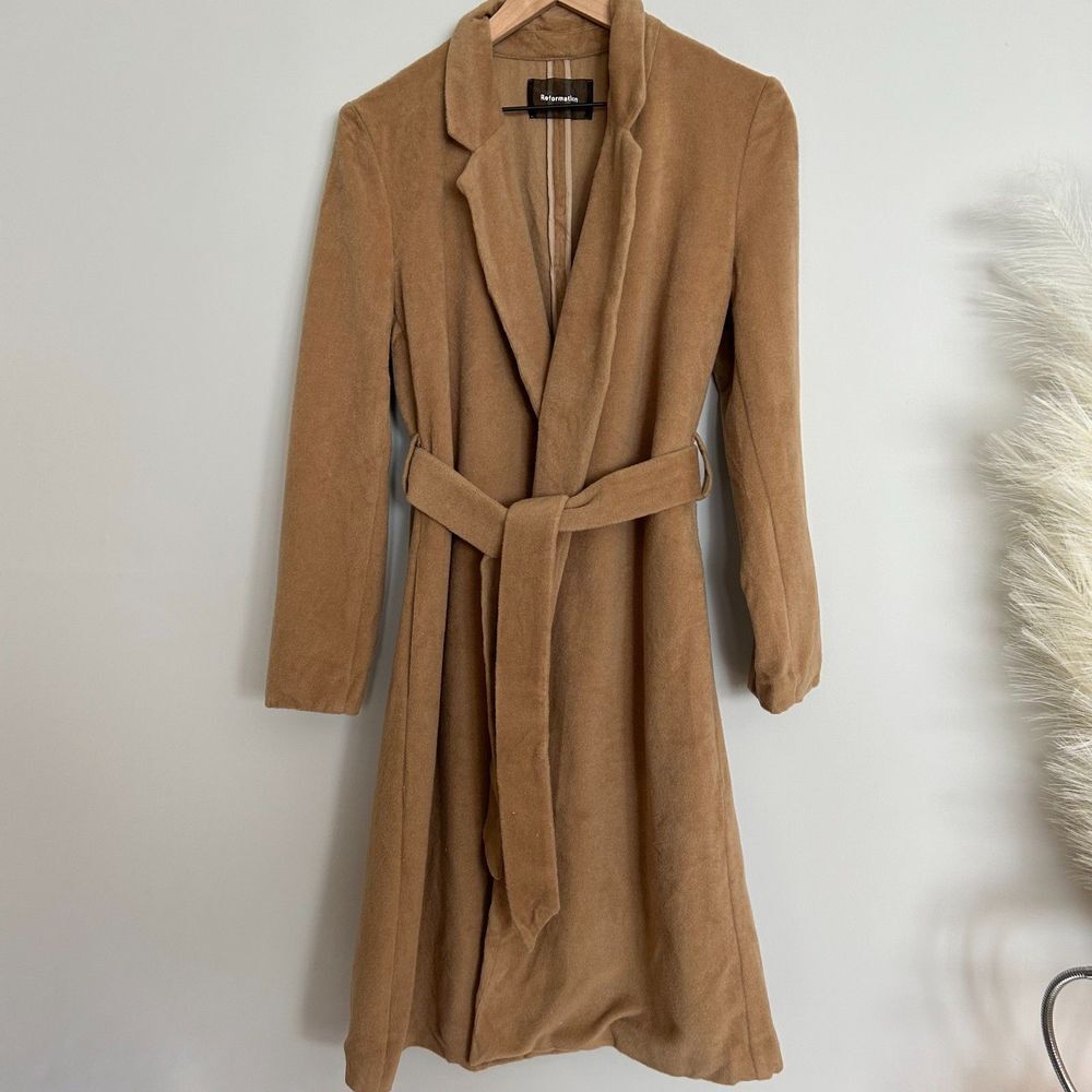 Reformation Barton Belted Wrap Wool Trench Coat Camel Tan